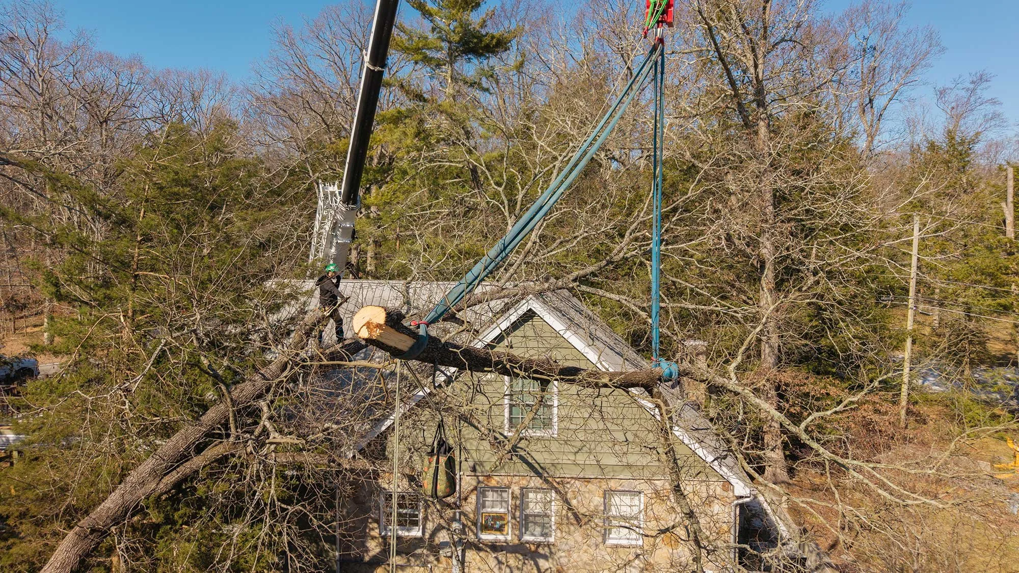A professional tree removal crew using a heavy-duty crane to safely lift a large fallen tree limb off the roof of a residential home following storm damage in Chattanooga.
