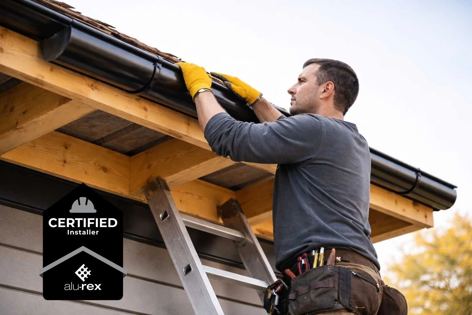 A professional gutter technician on a ladder installing a black Alu-Rex gutter guard system on a residential home in Chattanooga, featuring the certified Alu-Rex installer logo.