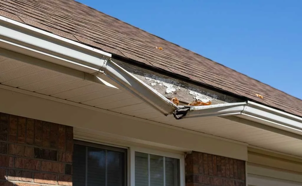 A section of white residential guttering that is sagging and pulling away from the wooden fascia board, showing rot and the need for professional gutter and downspout repair in Chattanooga.