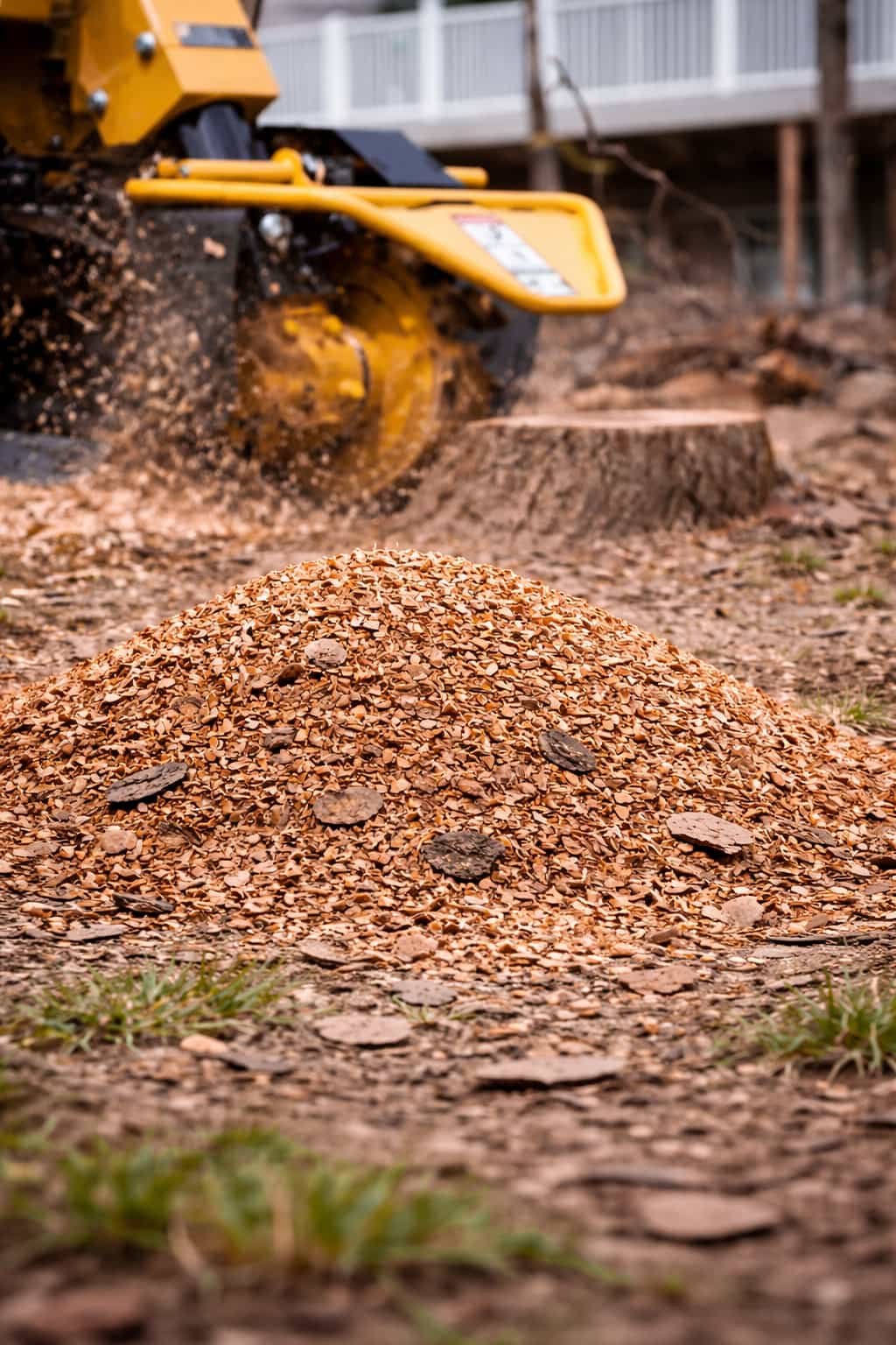 Pile of wood chips in the foreground with a stump grinding machine actively cutting a tree stump in the background in Chattanooga, Tennessee