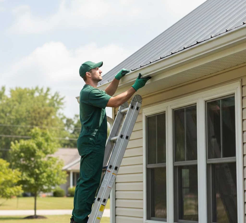 A professional gutter technician in a green uniform and safety gloves standing on a ladder to inspect and install a white seamless aluminum gutter system on a residential home in Chattanooga.