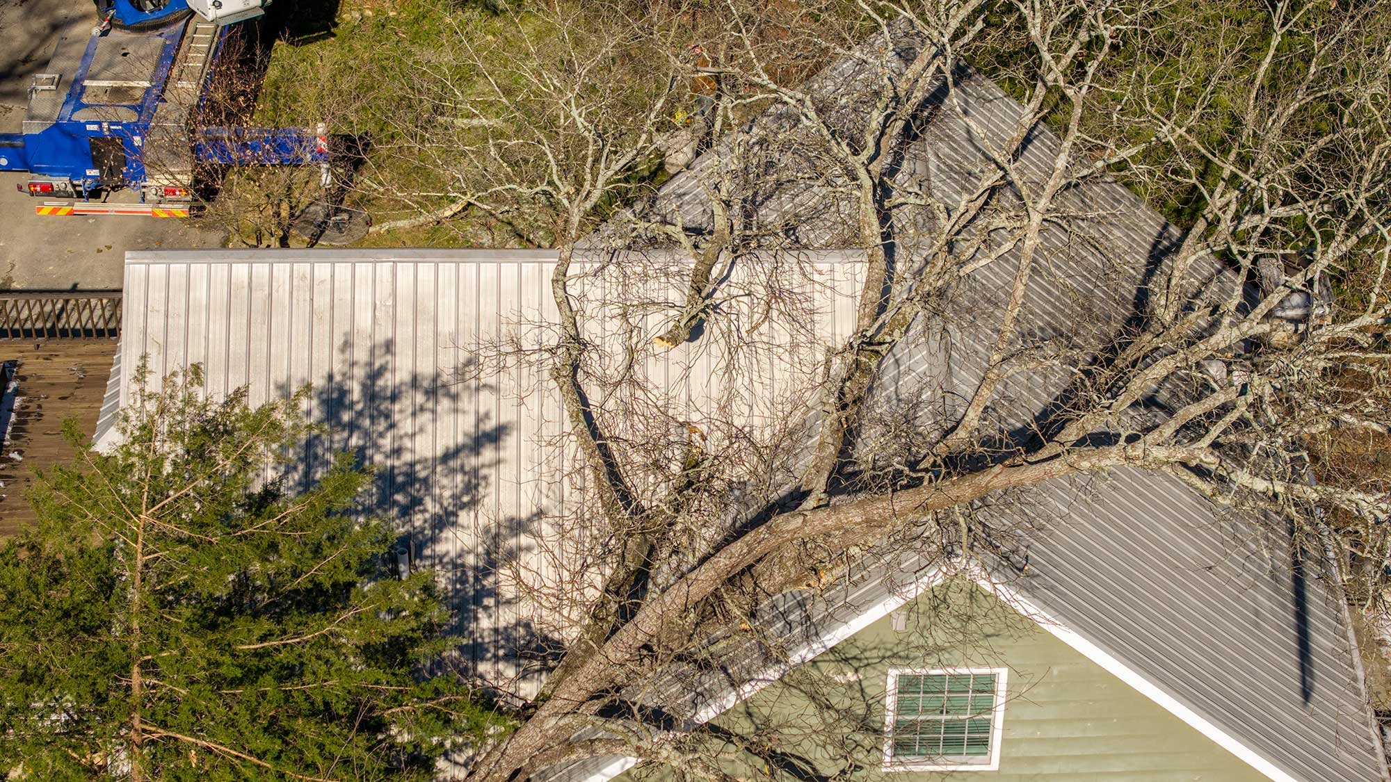 A large fallen tree rests precariously on the metal roof of a residential home in Chattanooga, illustrating the urgent need for emergency tree removal and storm damage response.