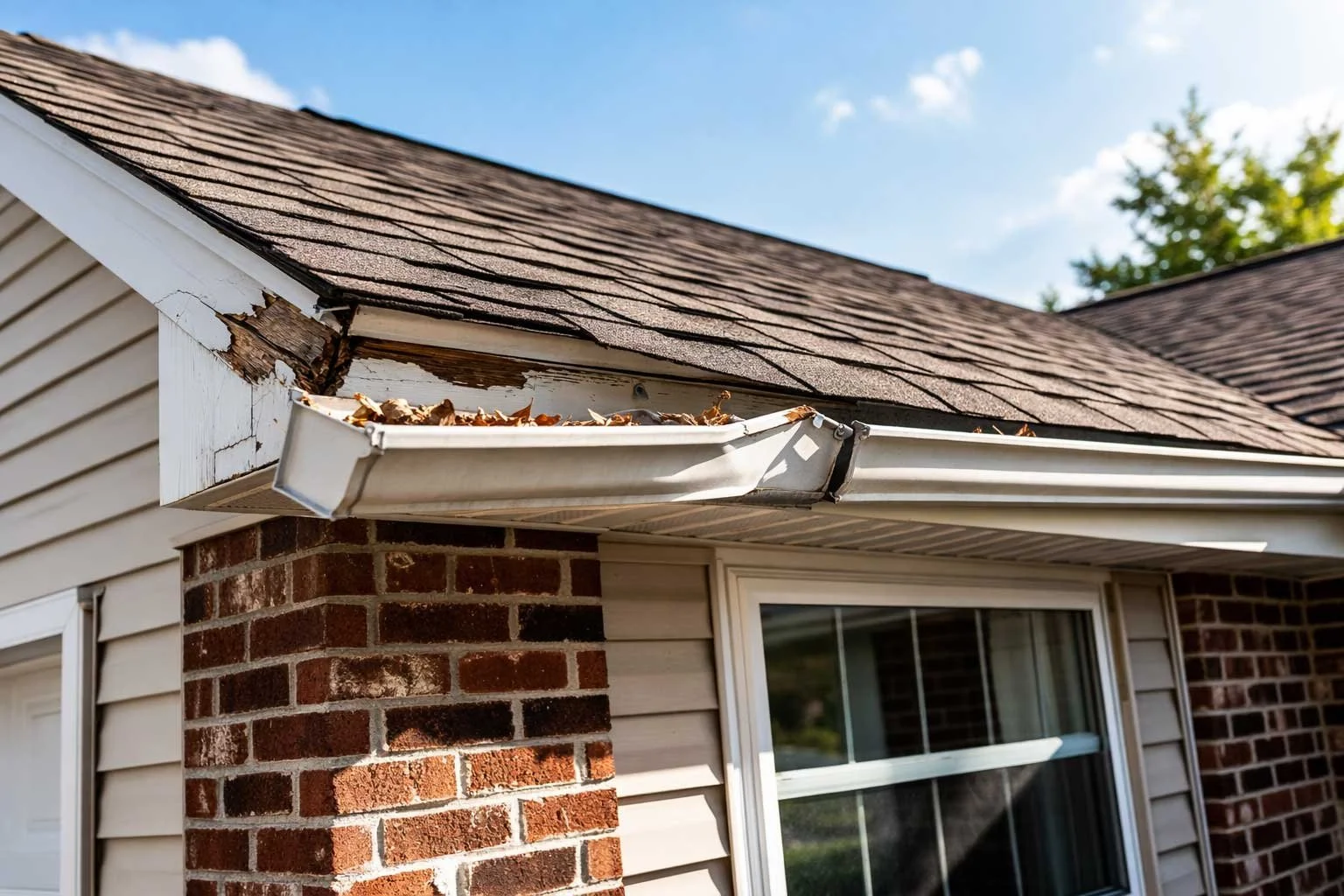 A close-up view of a residential gutter system overflowing with dry leaves and debris, causing water damage and rot to the white wooden fascia board on a Chattanooga home.