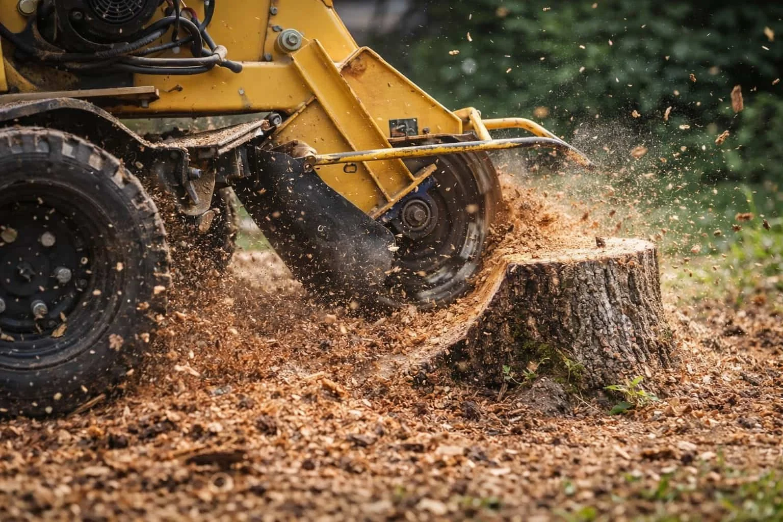 Stump grinding machine cutting through a tree stump with wood chips flying, showing active stump removal in Chattanooga, Tennessee