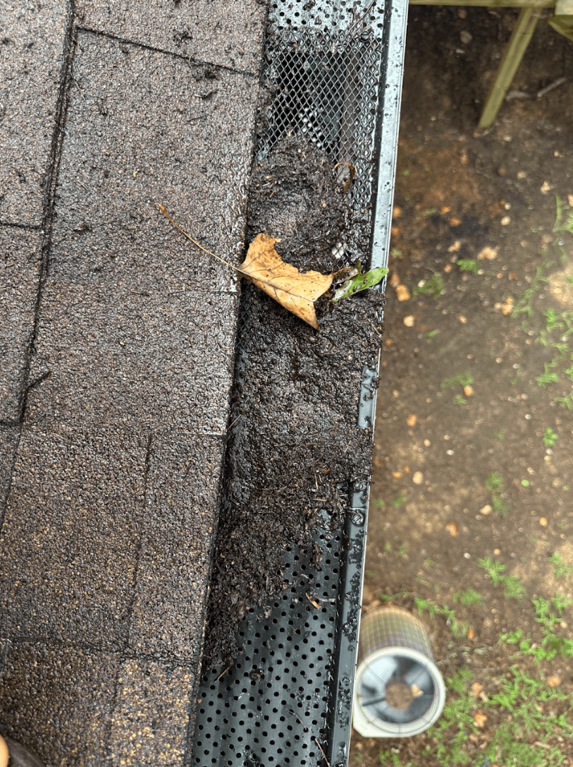 Close-up of a clogged gutter filled with wet leaves and debris along a residential roof in Chattanooga, Tennessee