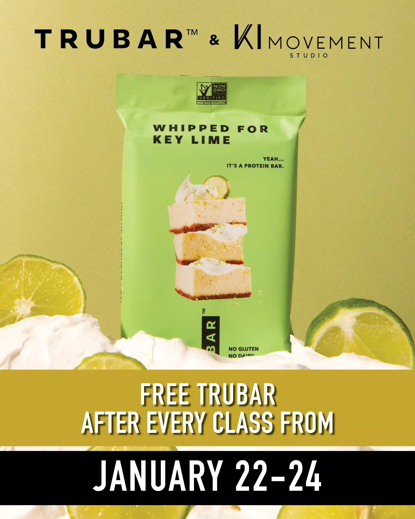 Sponsored Classes Alert 💛✨

We&rsquo;re treating you after class! Join us for any class between&nbsp;January 22&ndash;24&nbsp;and enjoy a&nbsp;FREE full-size @trubar.brands&nbsp;Whipped for Key Lime protein bar&nbsp;to refuel post-workout 🍋💪

Thin