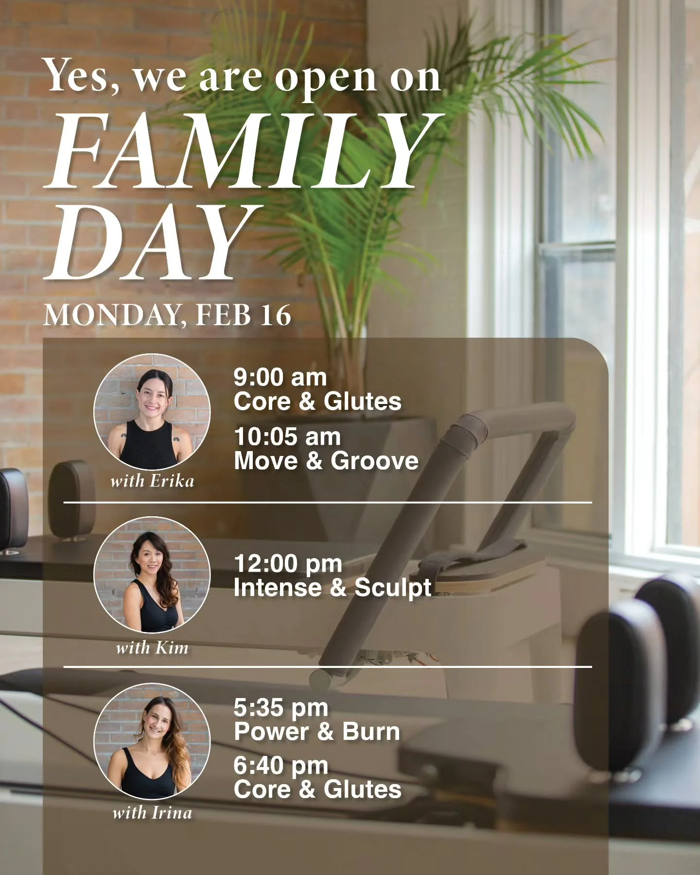 Reduced schedule on Monday, Family Day, but we are here for you if you need to move.

Join us:

@uuchi_movement 
9:00am - Core &amp; Glutes 
10:05am - Move &amp; Groove 

@kim_tr 
12:00pm - Intense &amp; Sculpt 

@irina_lyn 
5:35pm - Power &amp; Burn