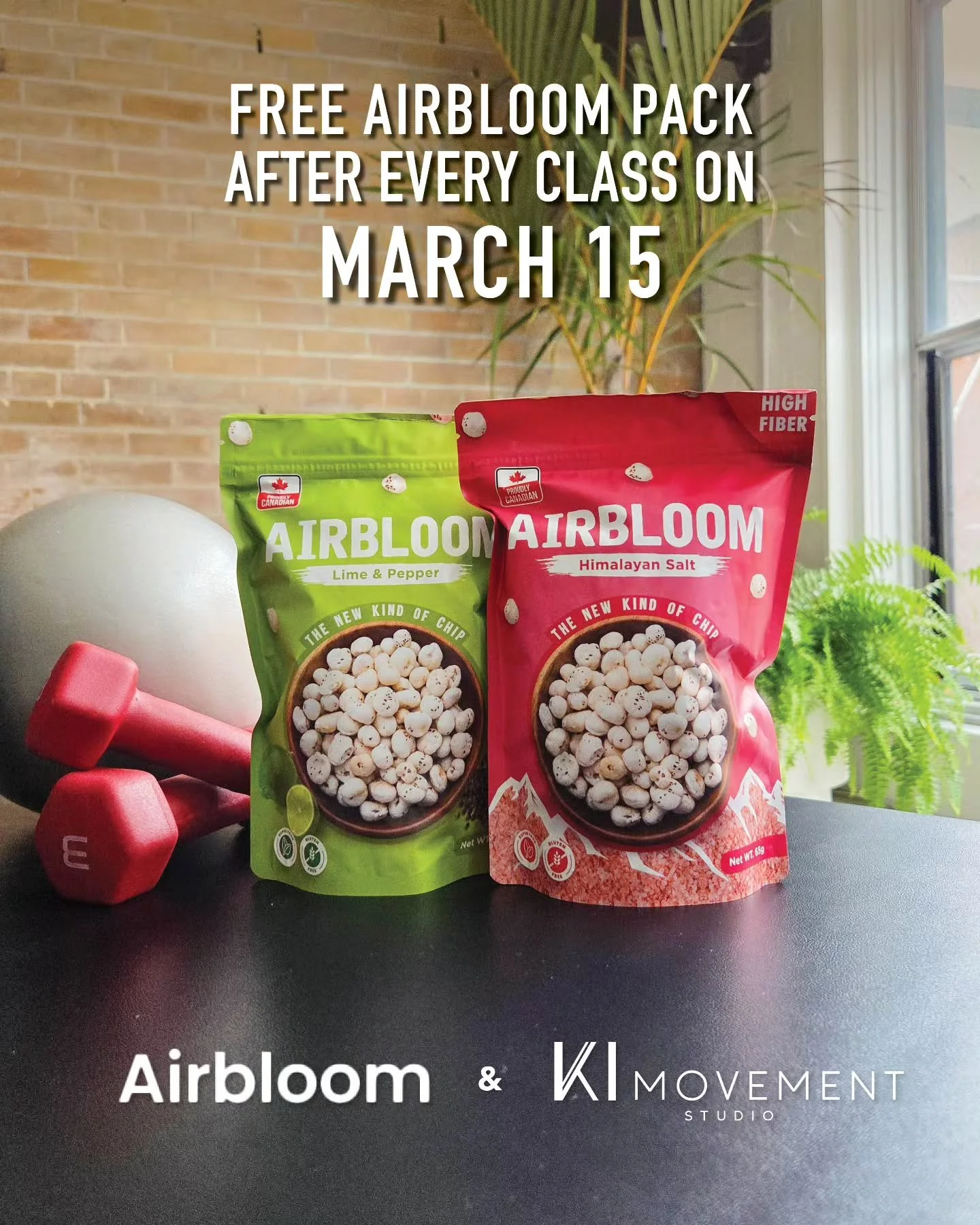 n March 15, our classes are proudly sponsored by&nbsp;@eat.airbloom !&nbsp;🙌

Join us for any class that day and receive a free pack of Airbloom snacks after class &mdash; just our way of saying thanks for moving with us!&nbsp;🤍

🍃&nbsp;What makes