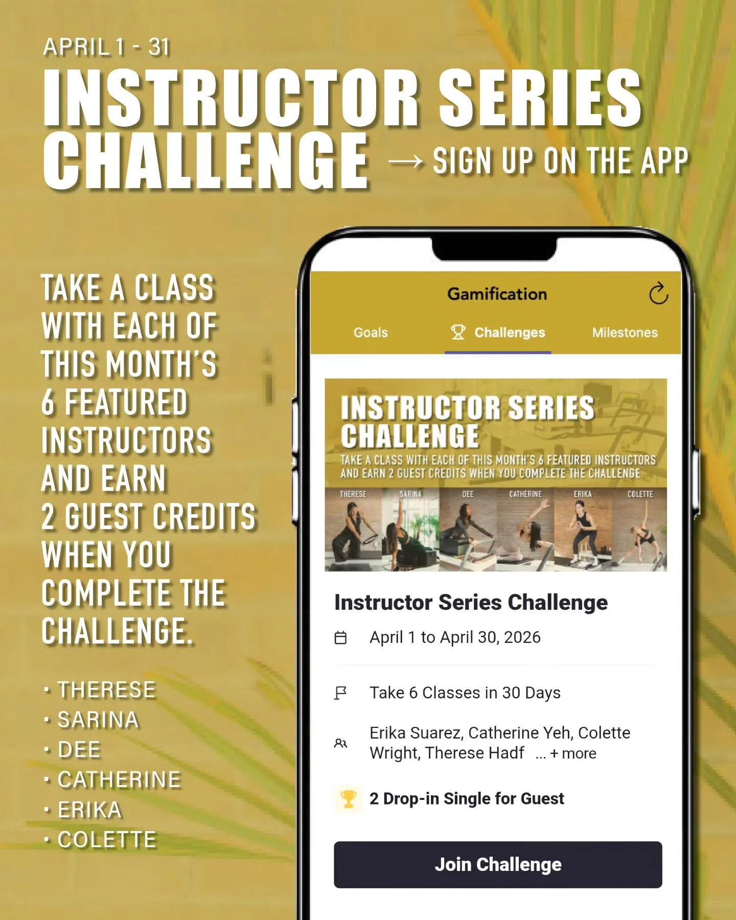 The Instructor Series Challenge
Take a class with each of this month&rsquo;s 6 featured instructors and earn 2 guest credits when you complete the challenge&nbsp;🎉

A fun way to mix things up, try new teaching styles, and stay consistent all month l