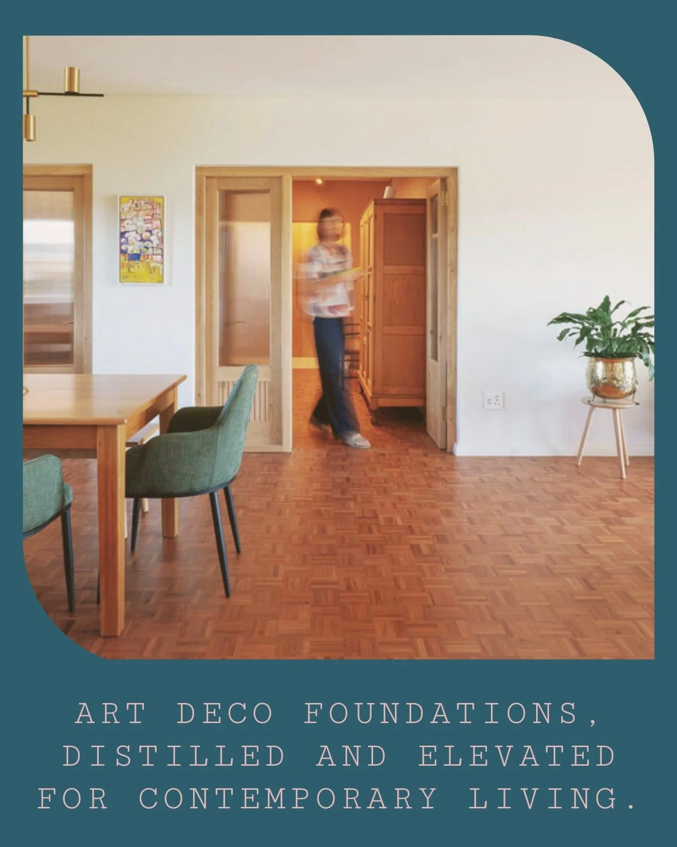 Art Deco foundations, distilled and elevated for contemporary living.

Rather than replicate the language of the original building, the intervention works in dialogue with it &mdash; retaining proportion, rhythm, and solidity while refining the spati