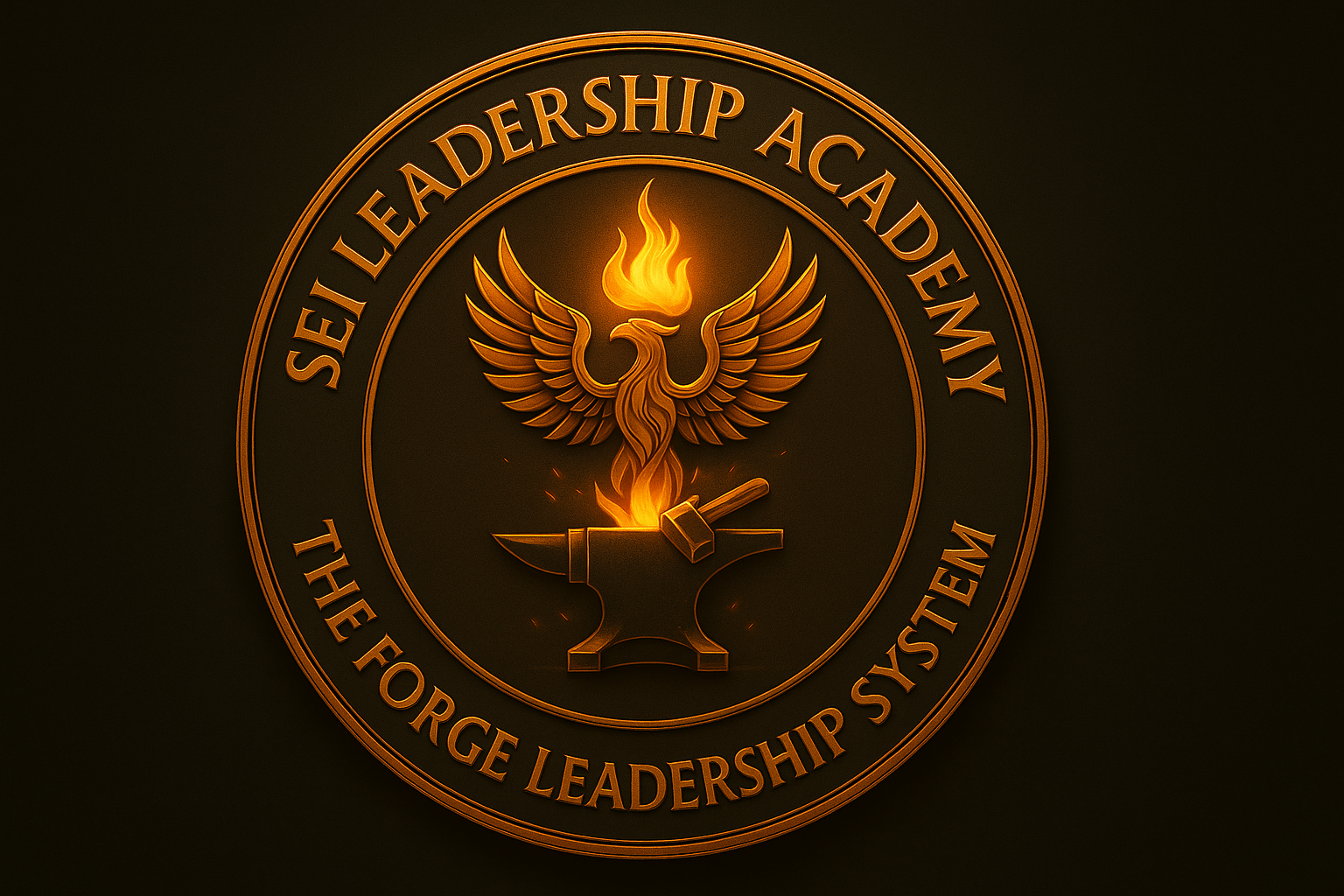 A circular emblem for the SEI Leadership Academy featuring a glowing phoenix rising from an anvil with a hammer, surrounded by text that reads "SEI Leadership Academy" and "The Forge Leadership System" on a dark background.
