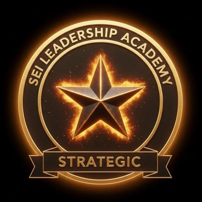 A glowing emblem with a gold border and a black background, featuring a central star made of metallic material surrounded by a fiery glow. Encircling the star are the words "SELF LEADERSHIP ACADEMY" in gold, with a banner below displaying the word "STRATEGIC."