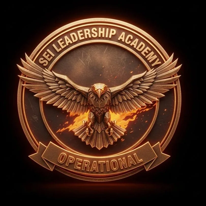 Badge with a golden eagle and fire background, inscribed with ‘SEI Leadership Academy’ and ‘Operational’.