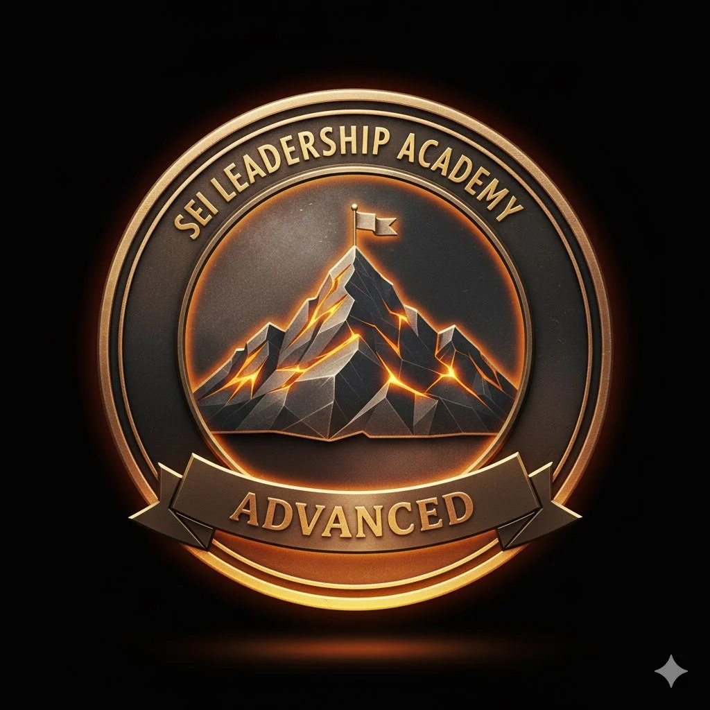 A digital emblem featuring a mountain with a flag on top, glowing edges, with the text 'SEI Leadership Academy' at the top and 'Advanced' on a ribbon at the bottom.