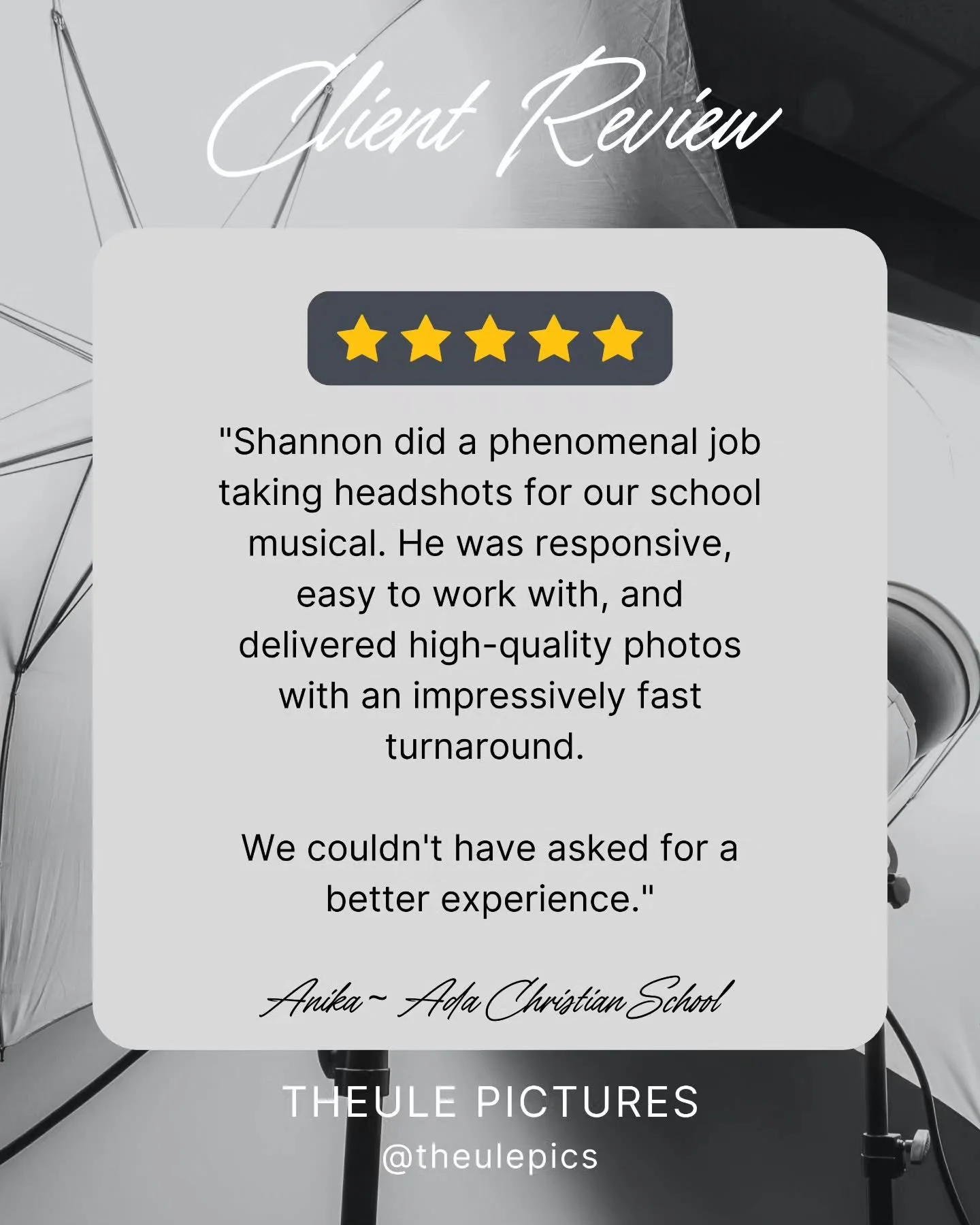 Another lovely review! I recently did a fun portrait session with the cast of a middle school musical. What a great group of kids!  I look forward to photographing them on their stage performance! 
#TheulePics #portraits #musical #adachristianschool 