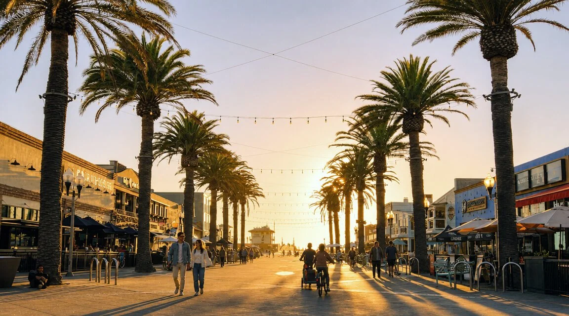 People walking along a bustling palm-lined street during sunset with shops and outdoor dining areas on both sides.