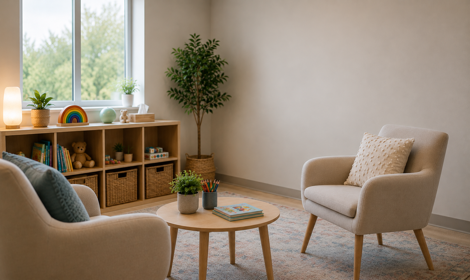 Calm, child-friendly therapy room with soft natural light, neutral-toned armchairs, a small round table, and a low shelf with toys and books, set against a clean, uncluttered wall.