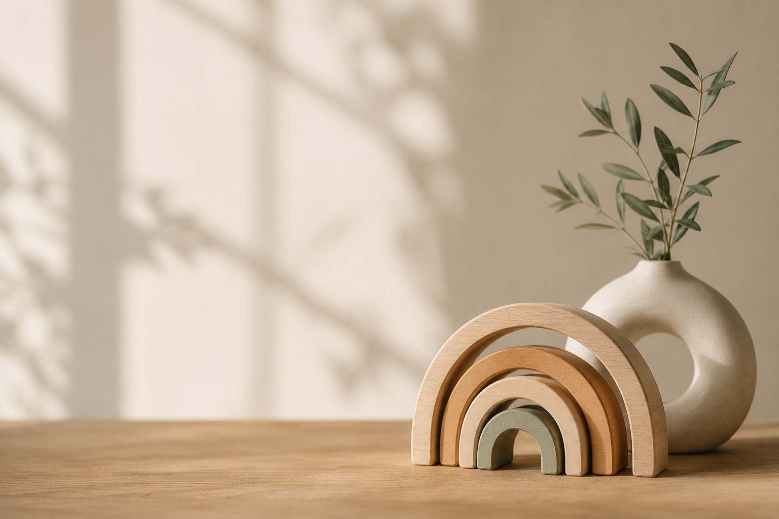 Minimalist still life with wooden nesting arches and a small plant in a neutral-toned vase, symbolizing family structure, connection, and growth in a calm, natural setting.