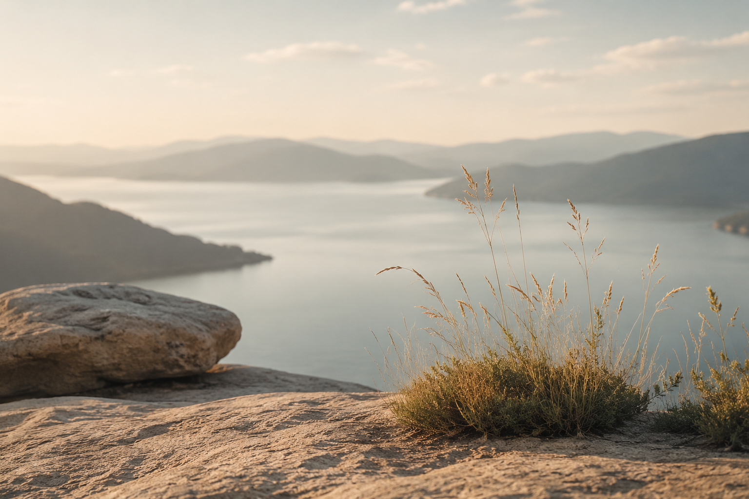 Serene lakeside landscape with soft sunlight over still water, distant mountains, and natural grasses in the foreground, evoking calm, clarity, and perspective.