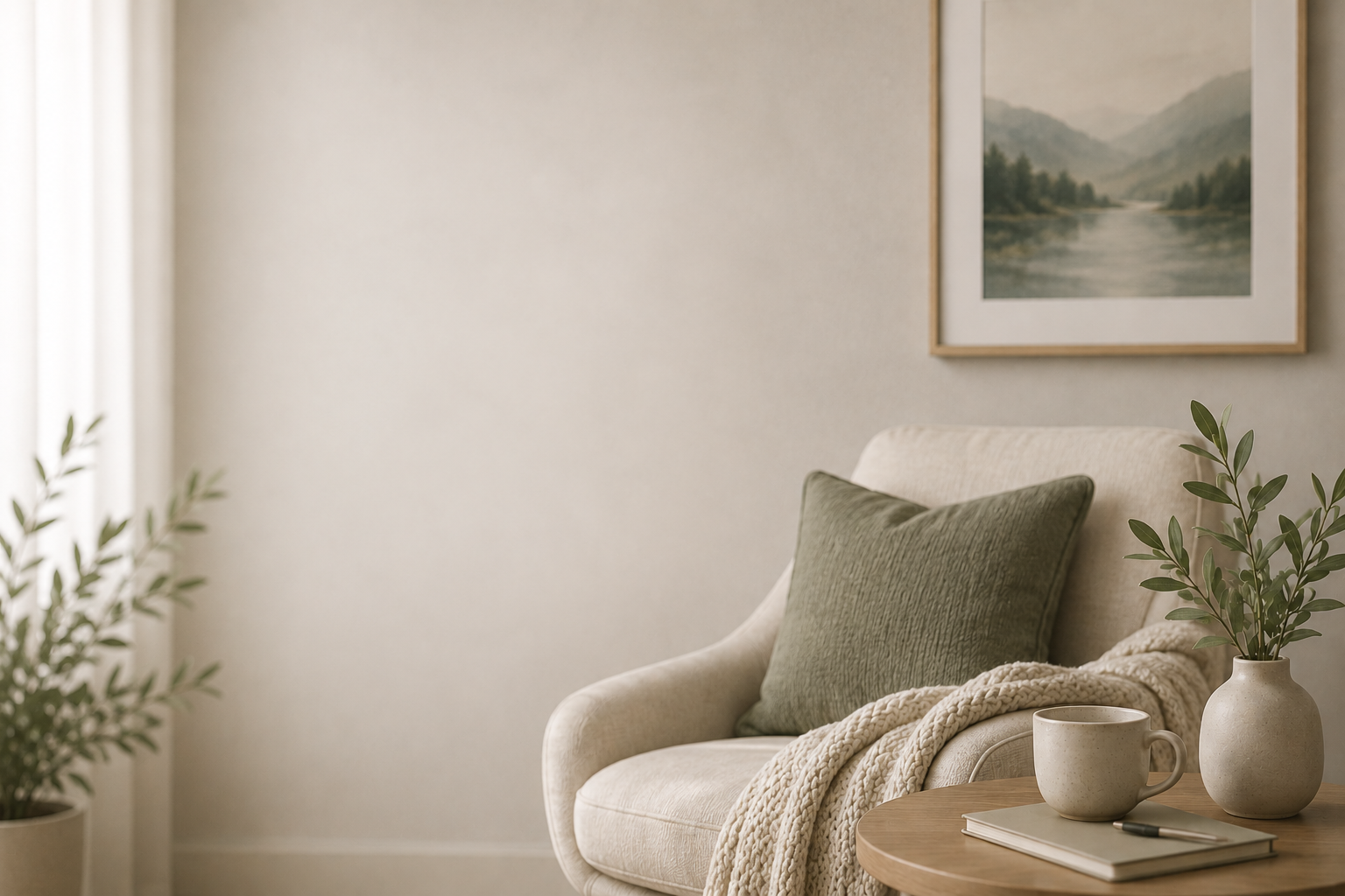 Minimalist living room corner with a beige armchair, green accent pillow, soft knit throw, and a wooden side table holding a mug and notebook, with a potted plant and framed landscape artwork in warm natural light.
