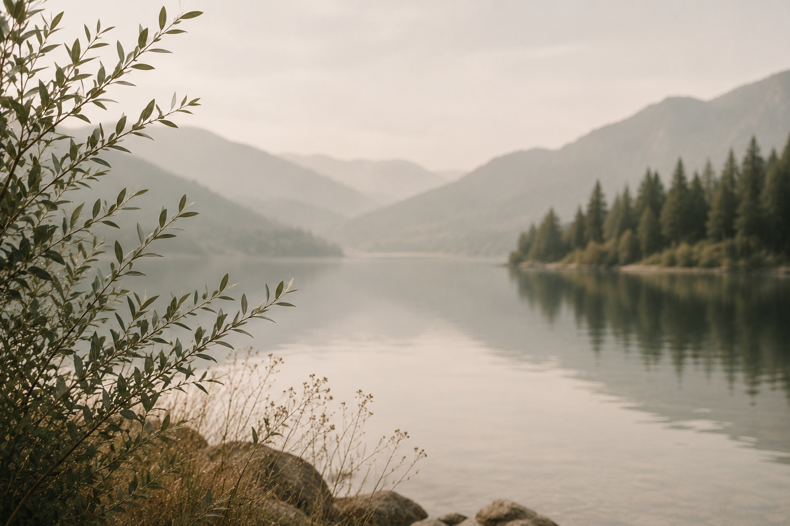 Tranquil lake landscape with soft, muted tones, featuring still water, distant mountains, and a tree-lined shoreline framed by delicate foliage in the foreground.