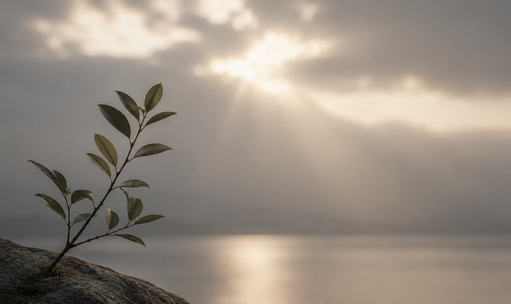 Minimalist nature scene with a small plant growing from a rock in the foreground, overlooking calm water and a soft, cloudy sky with diffused sunlight.