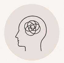 Line icon of a human head with a tangled scribble inside, representing racing or intrusive thoughts.