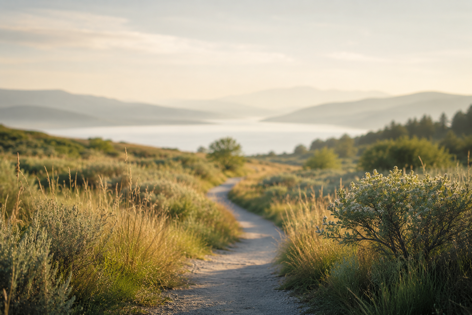 Sunlit nature path winding through tall grasses toward a calm lake and distant hills, symbolizing guidance, growth, and a shared direction over time.