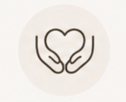 Line icon of two hands holding a heart, representing care, support, and emotional safety.