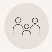 Line icon of three figures grouped together, representing a family unit.