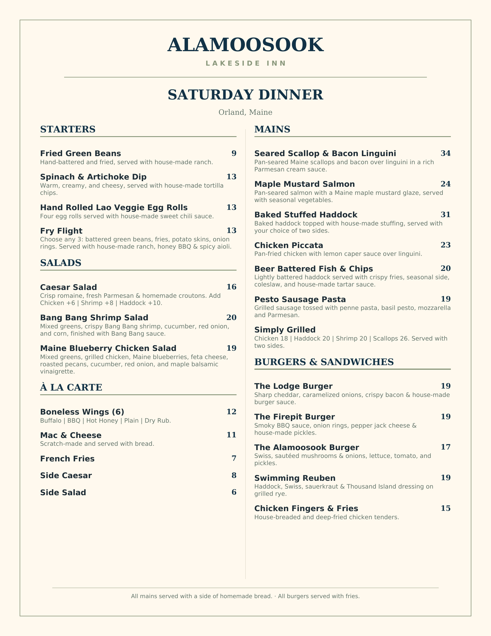 Saturday Dinner menu