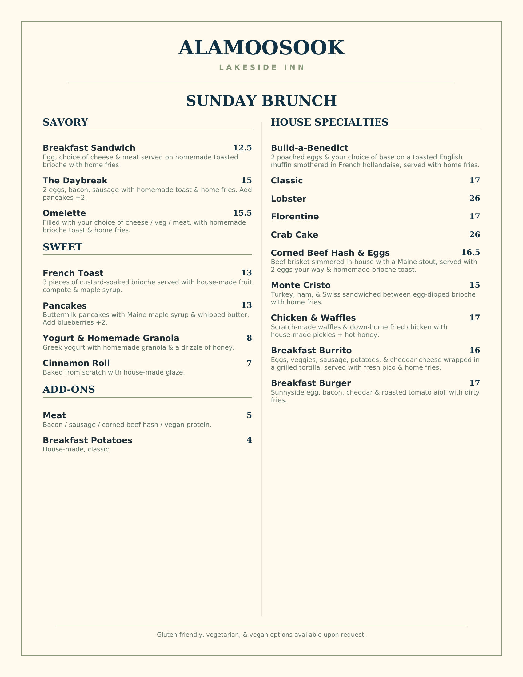 Sunday Brunch menu