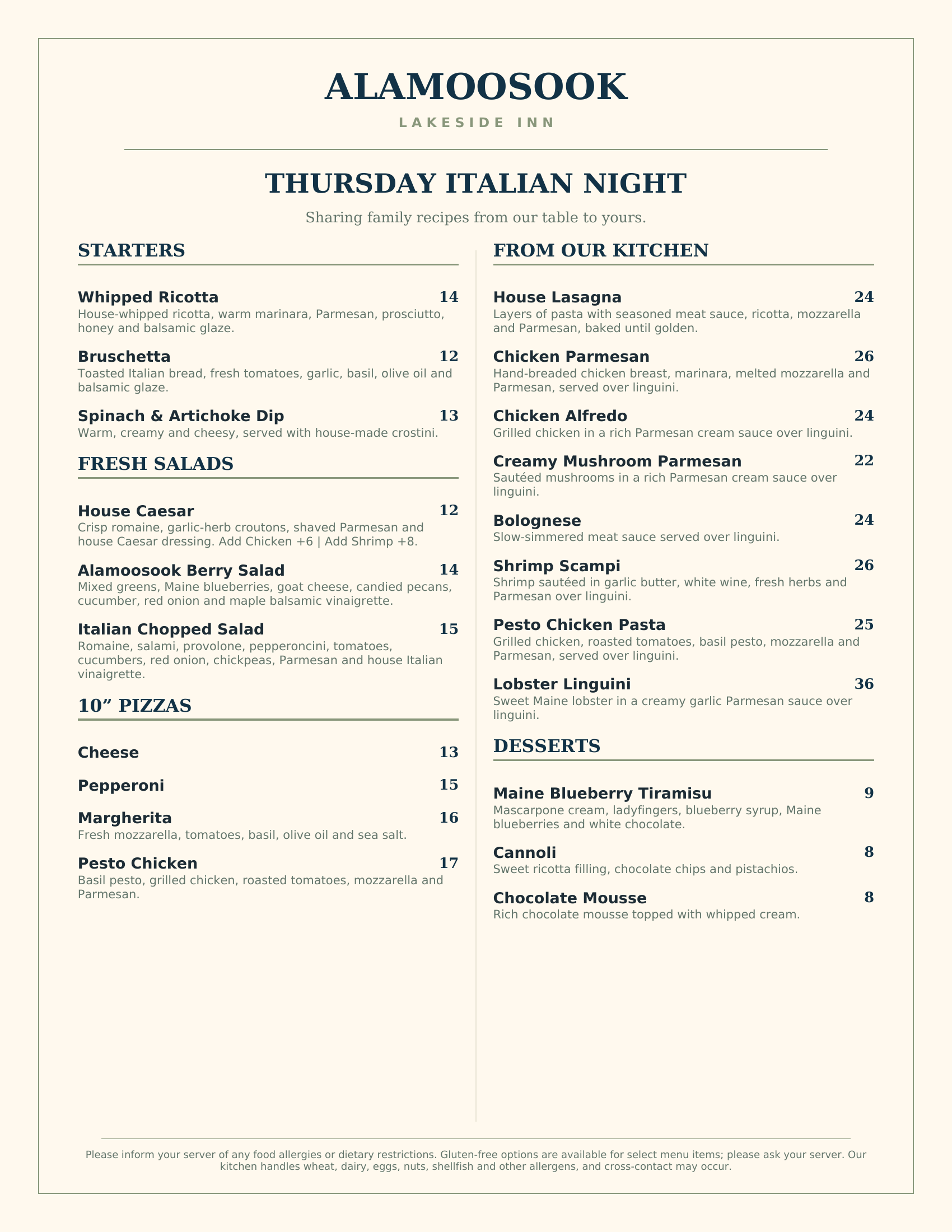 Thursday Pasta Night menu