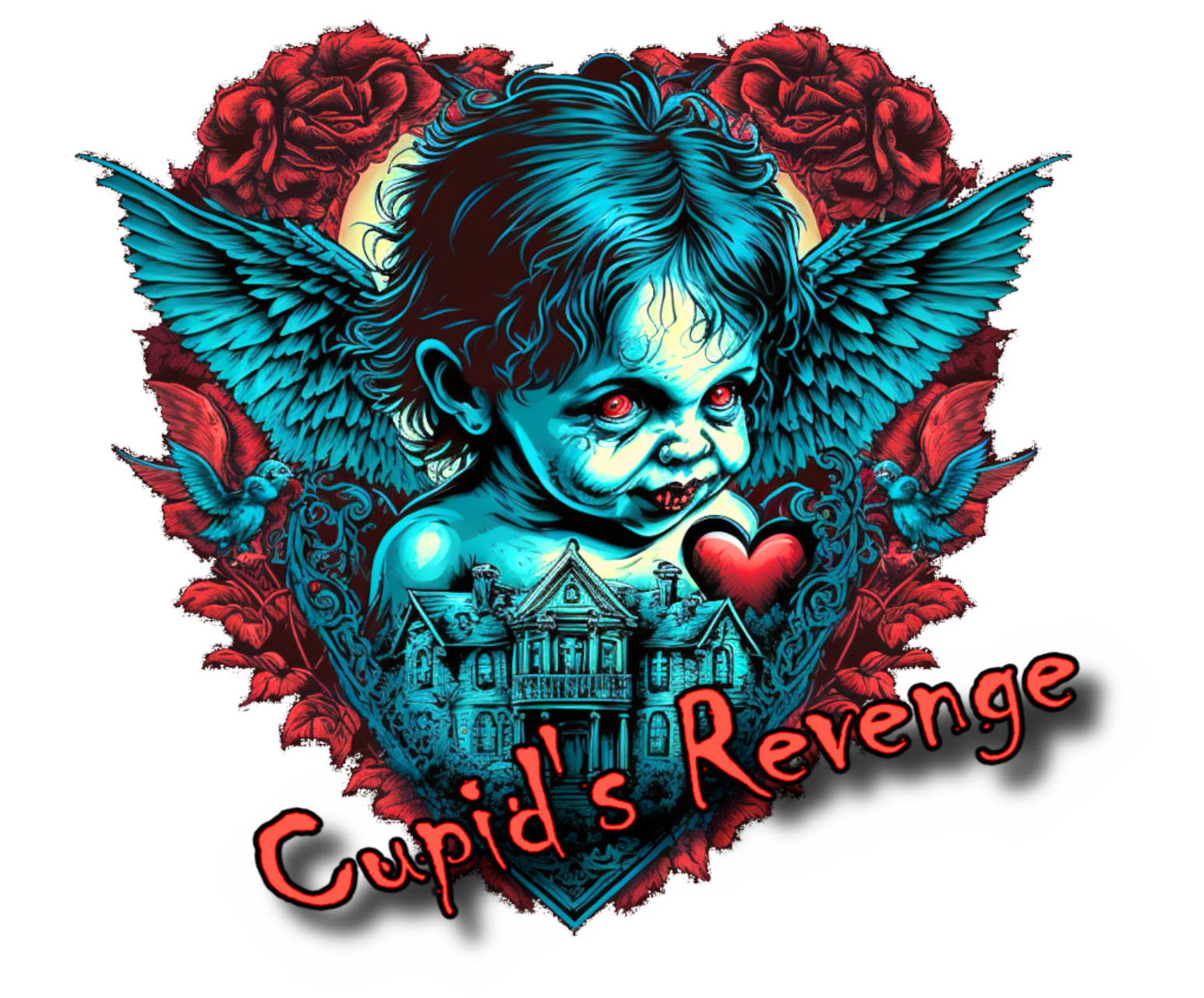 A horror-themed tattoo design featuring a baby with red eyes and a mischievous expression, surrounded by blue angel wings, red roses, and blue birds. A haunted mansion is at the bottom, with a red heart and the words 'Cupid's Revenge' in red with a black shadow.