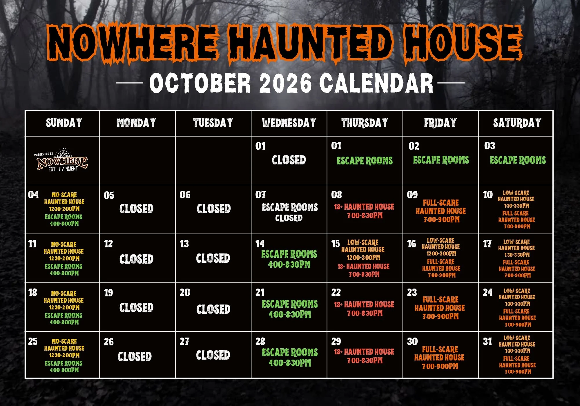 Nowhere Haunted House Octobr 2026 Calendar