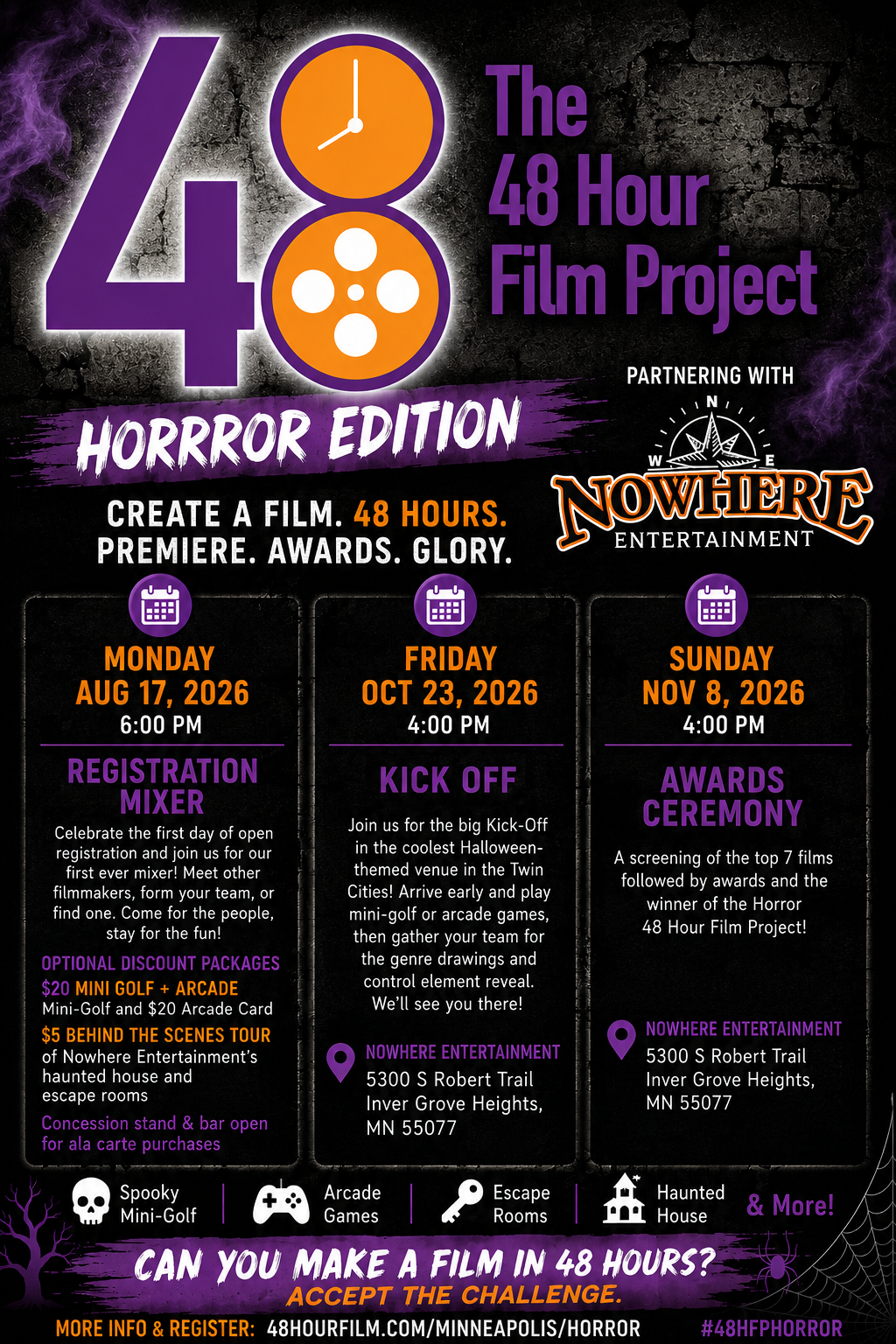 48 Hour Project Horror Event partnering with Nowhere Entertainment flyer