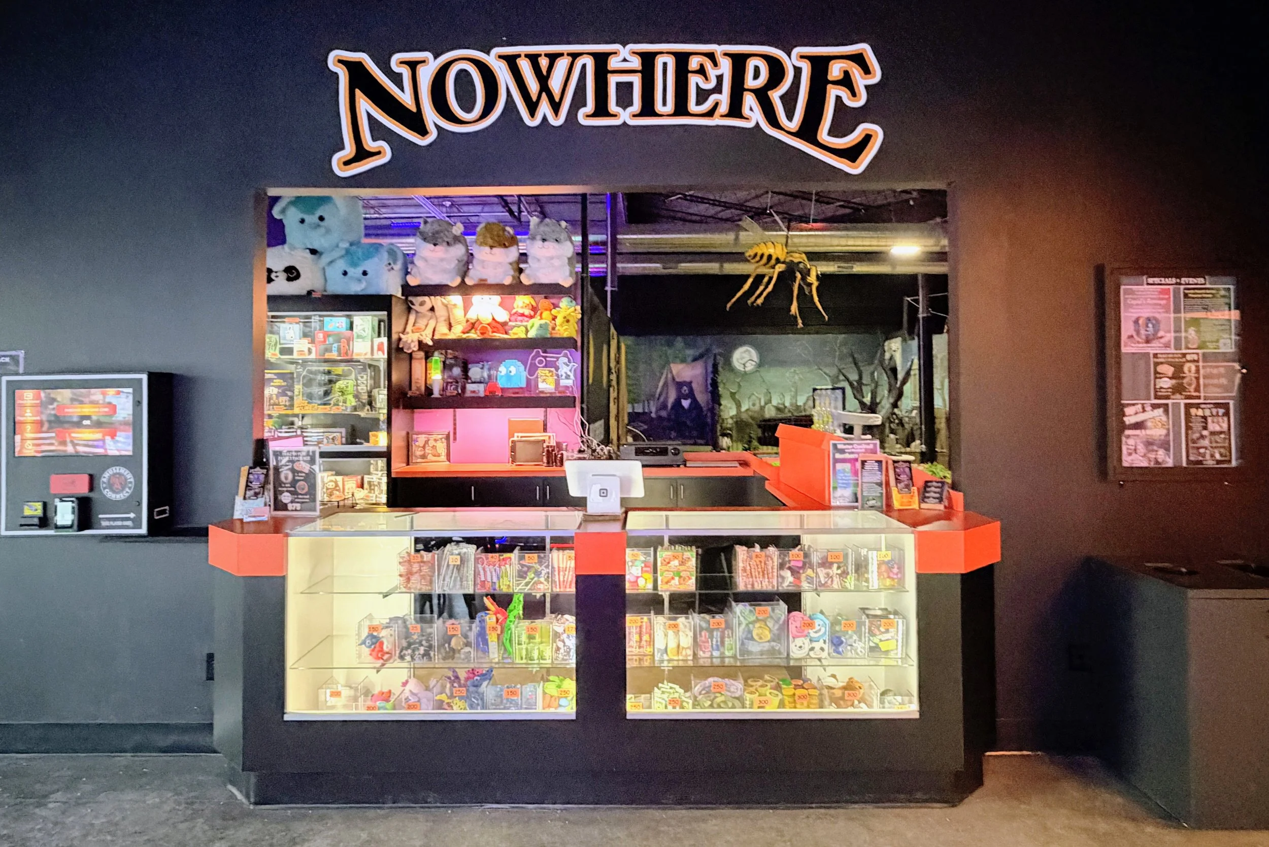 Arcade game redemption area with multiple redemption items and choices at the arcade in Nowhere Entertainment in Inver Grove Heights, Minnesota