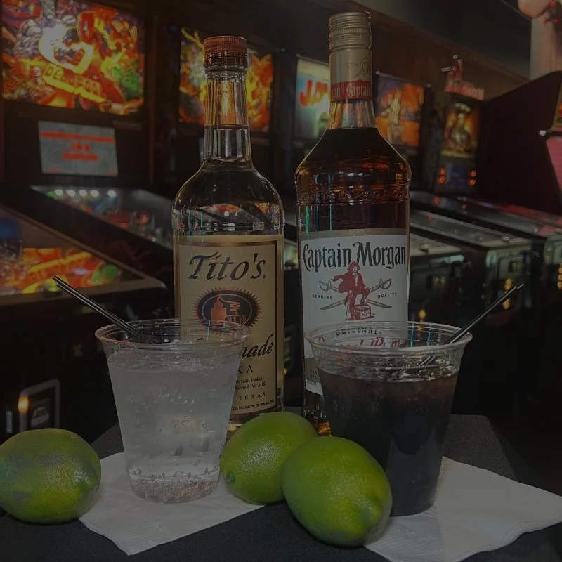 Image of 21+ plus beverages lined up on the counter at an arcade at Nowhere Entertainment