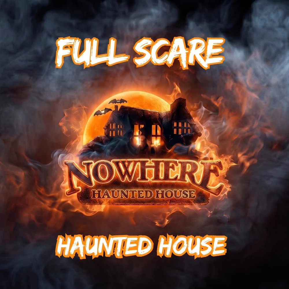 Nowhere Haunted House logo with a haunted house with orange and black smoke