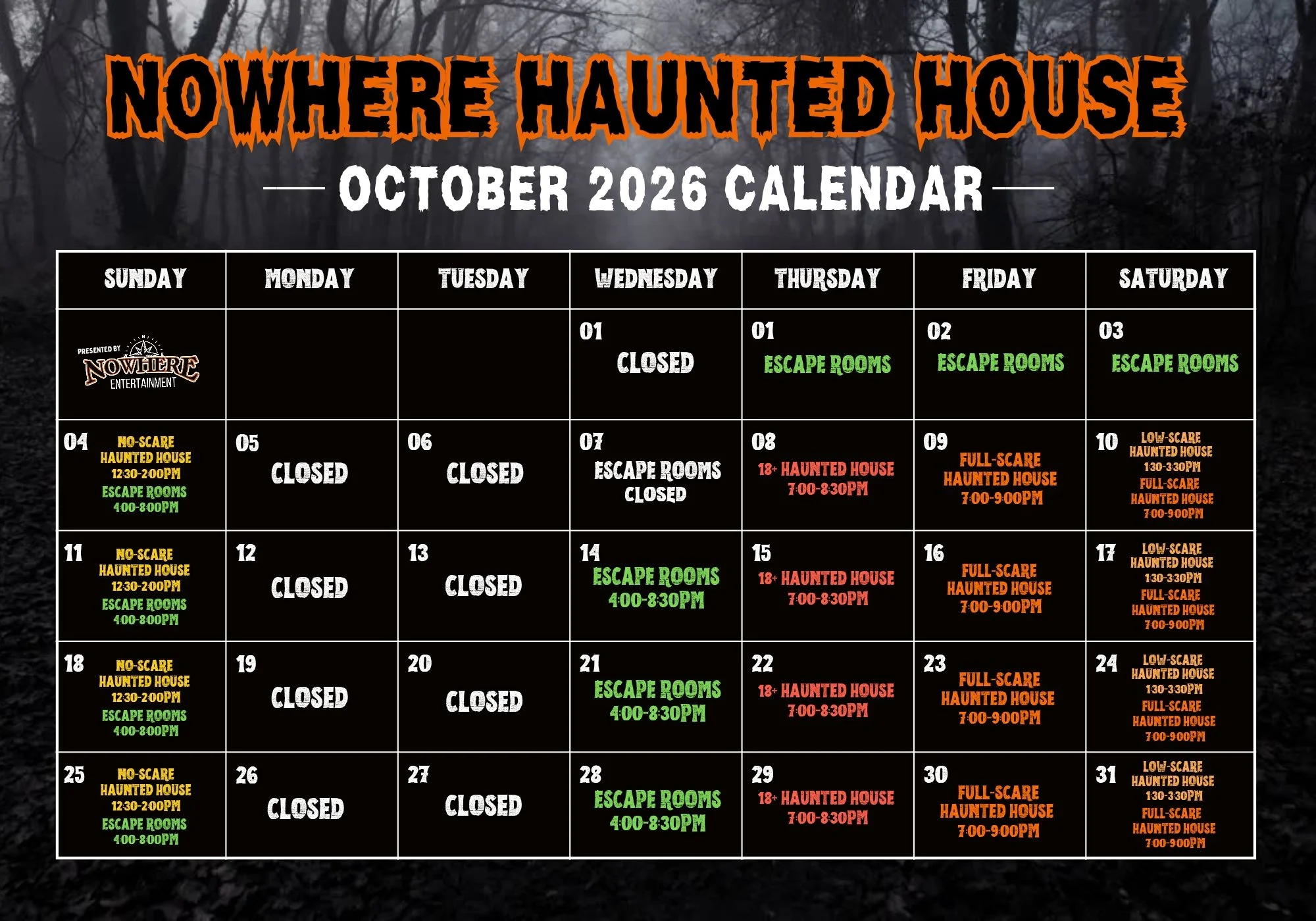 Calendar showing Nowhere Haunted House October 2026 Schedule