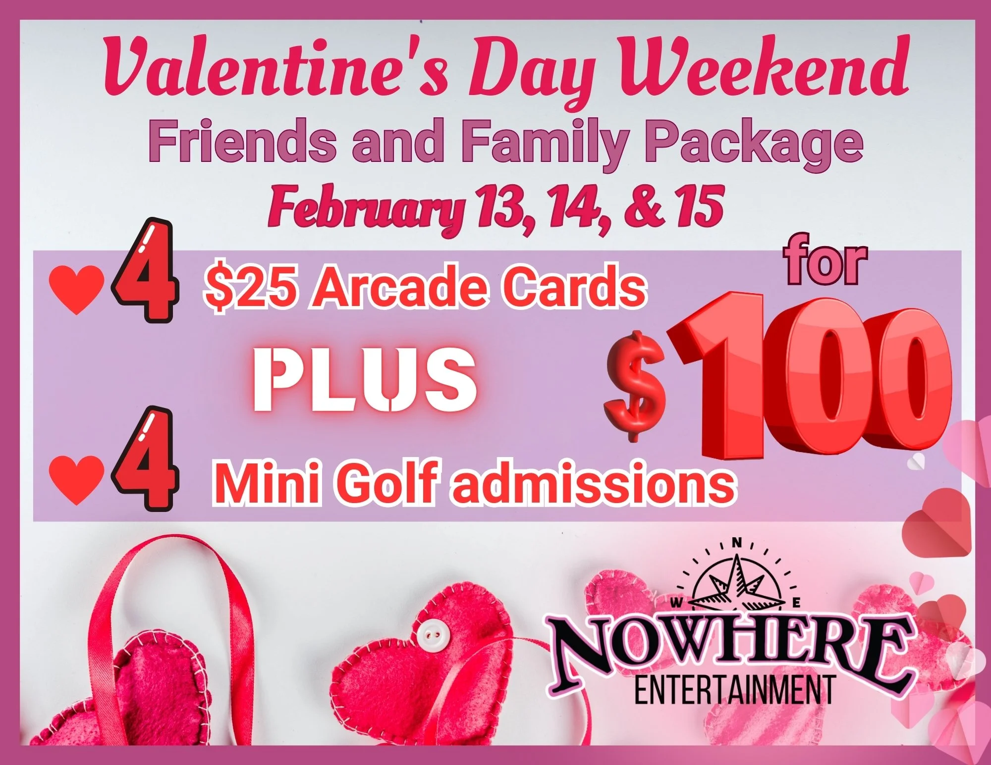Image showing a Valentines Day Weekend Friends and Family package for 4 people in colorful pink, red, and purple colors