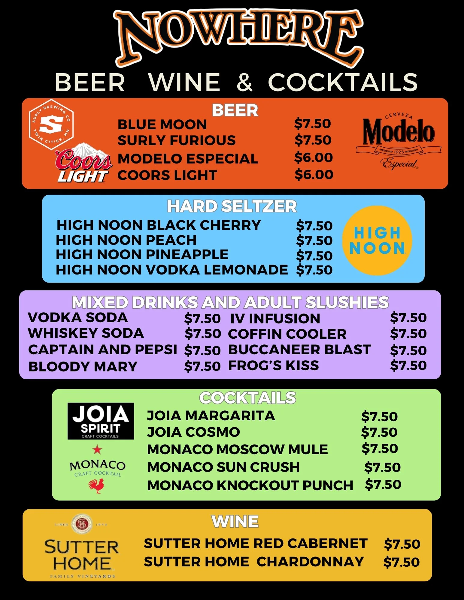Beer Wine Cocktail Menu for Nowhere Entertainment