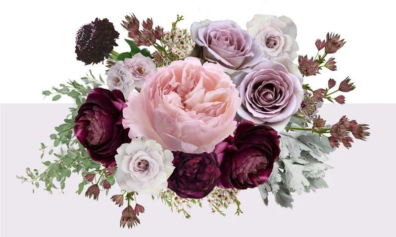 Plum, mauve and safe floral inspiration collage