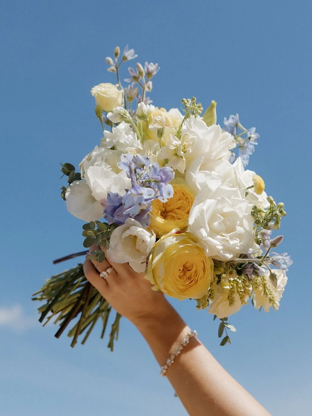 Soft yellows and blues for this beautiful late spring wedding. 🩵💛🤍

📸: @baileymarie.photo 

#springfieldmoweddings #417weddings #bransonwedding #lakewedding

Bride holding her pastel blue and yellow bridal bouquet in the air.