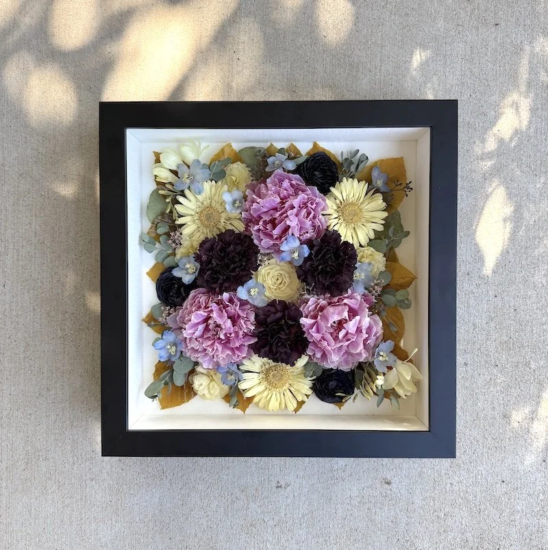 bouquet-preservation-shadow-box-black-frame-pink-peonies-yellow-gerbera.jpg