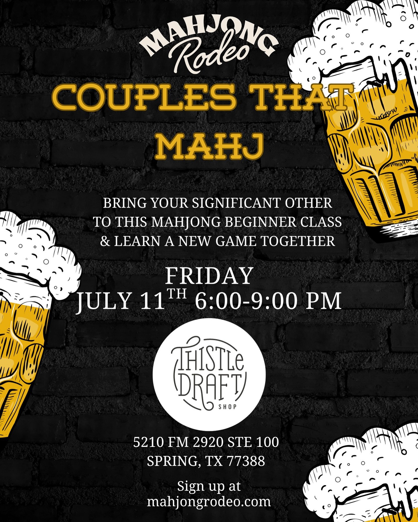 Couples That Mahj - Part 2! The first couples class sold out so fast I knew I had to add another one! 

Bring your significant other to this class, have a drink, and learn a new game together! I&rsquo;ll be teaching regular 4 player mahjong, plus I&r