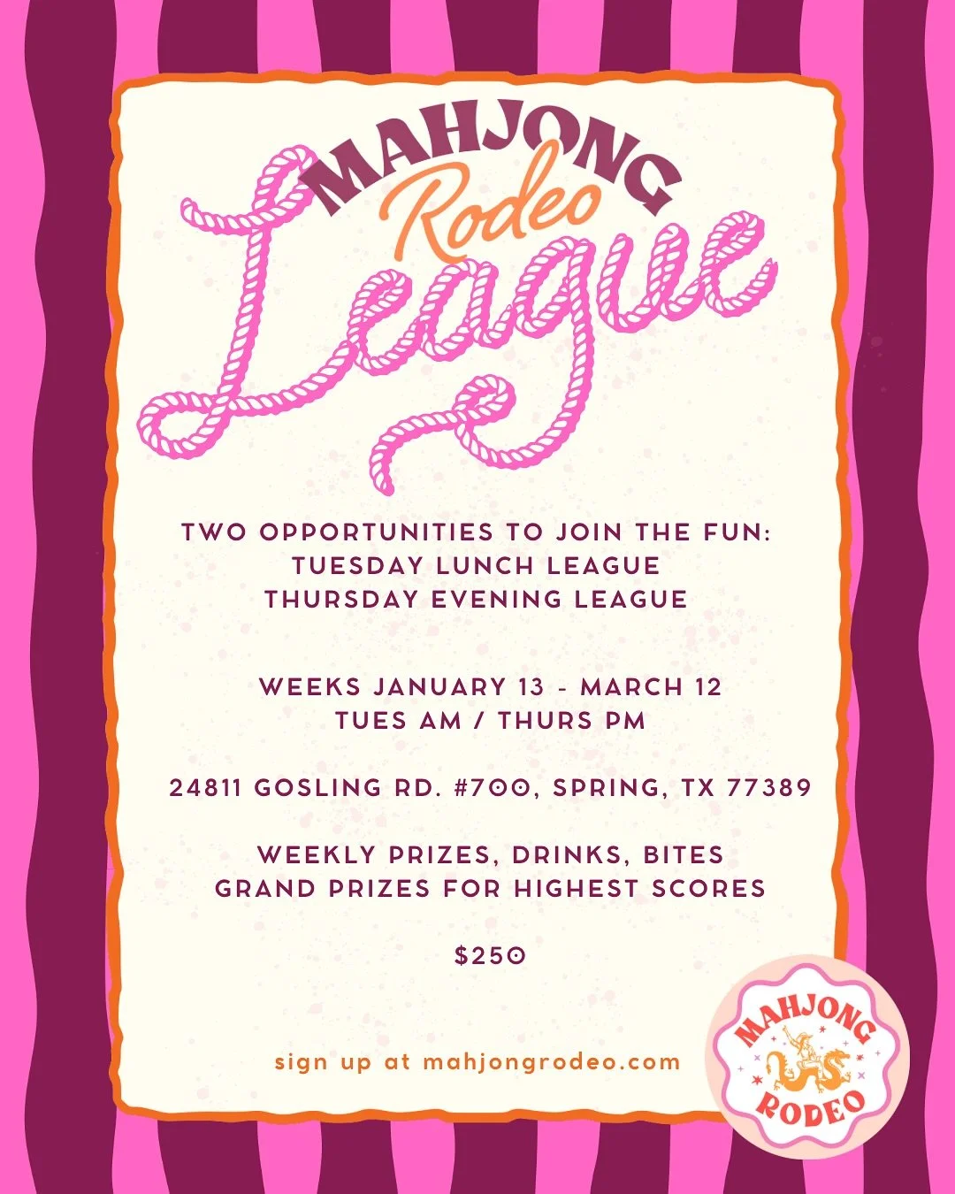 🤠Mahjong Rodeo Leagues are live on the website! 🩷🀄️

Details can be found at mahjongrodeo.com/leagues

⭐️We&rsquo;re trying something new with our League location! We&rsquo;re setting up shop at 24811 Gosling Rd #700, Spring, TX 77389🍾
This is th