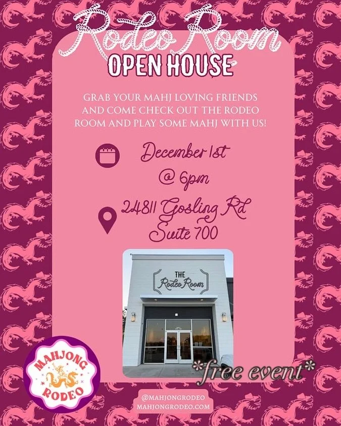 🤠🩷🀄️We&rsquo;re dying to Mahj with y&rsquo;all at The NEW Rodeo Room! 

🍾Come check out what we have planned for the space, talk to us about all things Mahj, browse our shelves, and play a game (or 6)! Tables will be set up for you to come and pl