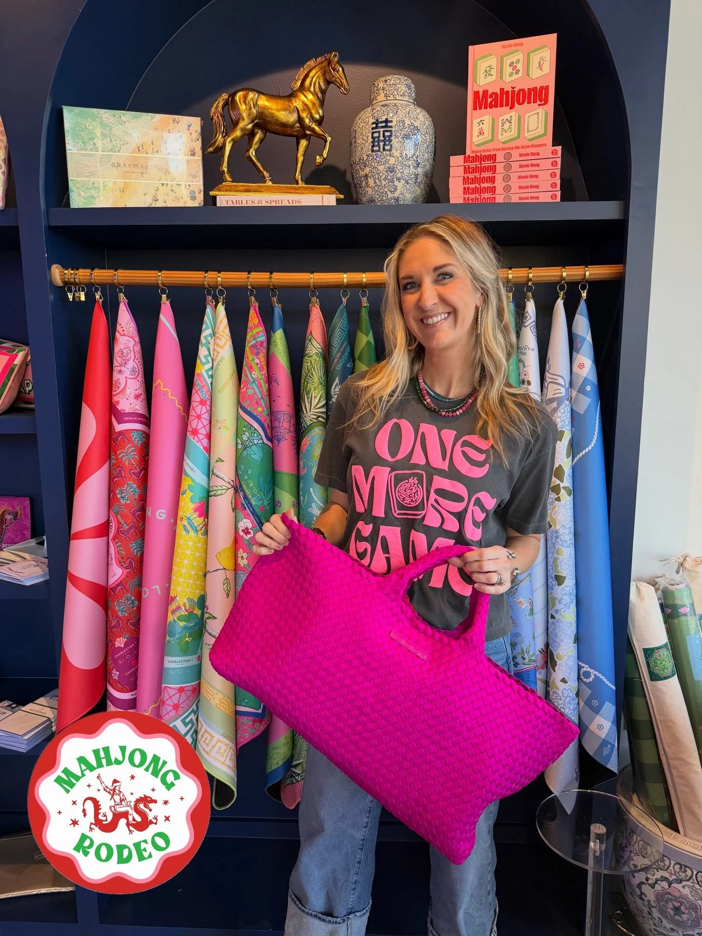 A little sneak peek at The Rodeo Room! Did you know we&rsquo;re selling mahjong products?! We have so many brands and amazing mahjong themed finds you won&rsquo;t find anywhere else here locally! We have TILES, RACKS, MATS, TOTES, JEWELRY, TSHIRTS! C