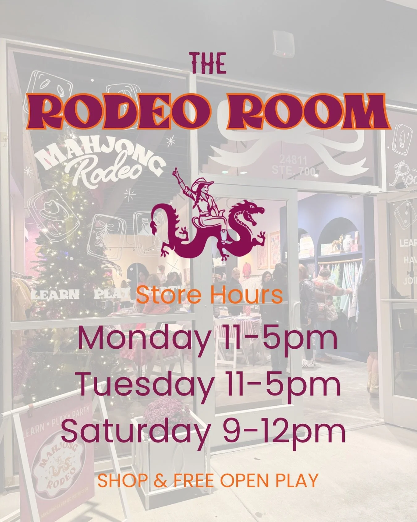 Christmas week hours for shopping and ALWAYS free open play! Anytime The Rodeo Room is open bring your friends and grab and table to play at no charge! 

We&rsquo;re here for your last minute gifts or mahj table set ups!

24811 Gosling Rd., Ste 700
S